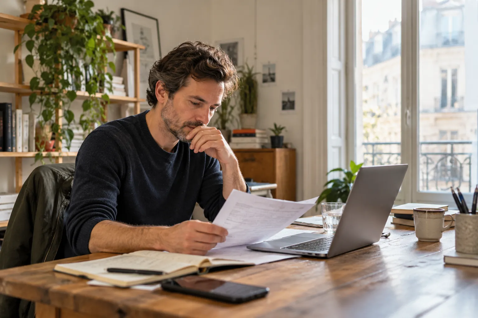 Un dirigeant d’agence relit un rapport à son bureau, ordinateur ouvert, dans un appartement parisien lumineux